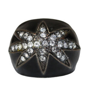 Avalaya Statement Dome Shape Black Enamel with Crystal Star Motif Band Ring